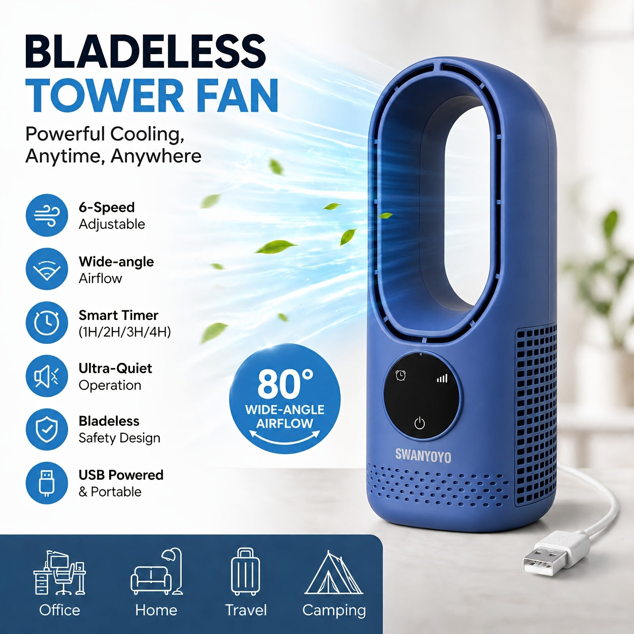 Portable Air Conditioning Fan, USB Tower Fan, Desktop Bladeless Fan - With Remote Control, Touch Screen, Water Mist Cooling, Seven-color LED Ambient Light, Timer And Intelligent Shutdown - Perfect For Offices, Travel, Camping And Home Necessities