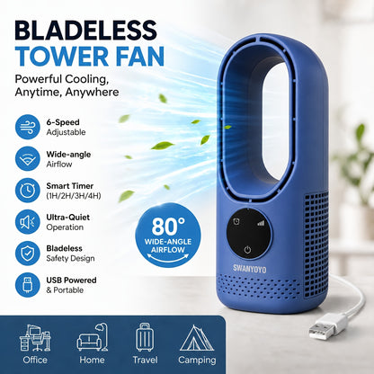 Portable Air Conditioning Fan, USB Tower Fan, Desktop Bladeless Fan - With Remote Control, Touch Screen, Water Mist Cooling, Seven-color LED Ambient Light, Timer And Intelligent Shutdown - Perfect For Offices, Travel, Camping And Home Necessities