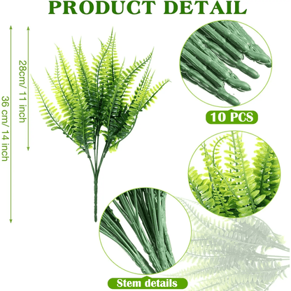 10 pack Artificial Plants Fake Boston Fern Plastic Fake Ferns Large Faux Ferns for Outdoor Artificial Greenery Plants for Indoor Garden Office Porch Home Decor