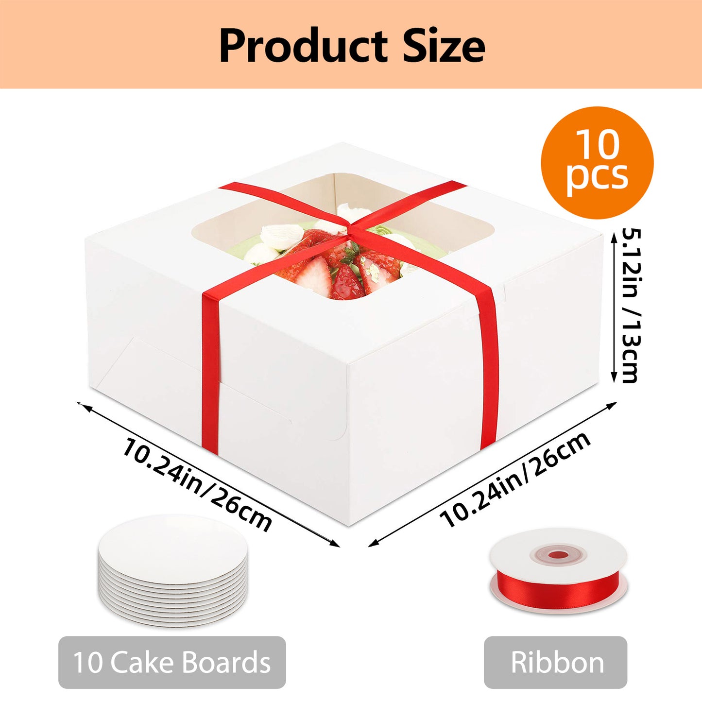 WHONLINE 10 Sets Cake Boxes, Party Gift Box Packaging, 10x10x5 Inches, White Square Bakery Boxes with Window, Large Cake Boxes with Red Ribbons And 10pcs 10 Inches Round Cake Boards, for Birthday Party, Wedding And Father's Day