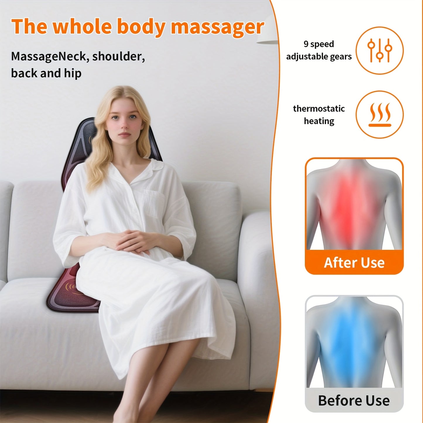 MASSTECK Massage Seat Cushion for Couch, Chair, Massager Mat with Heat, Lumbar Traction & Relax, 9 Vibration Motors & Triple Back Heating Pad, Full Body Massager for Back Waist Hip Leg, Massager Gift for Mom/Dad/Women/Men, Christmas Gift