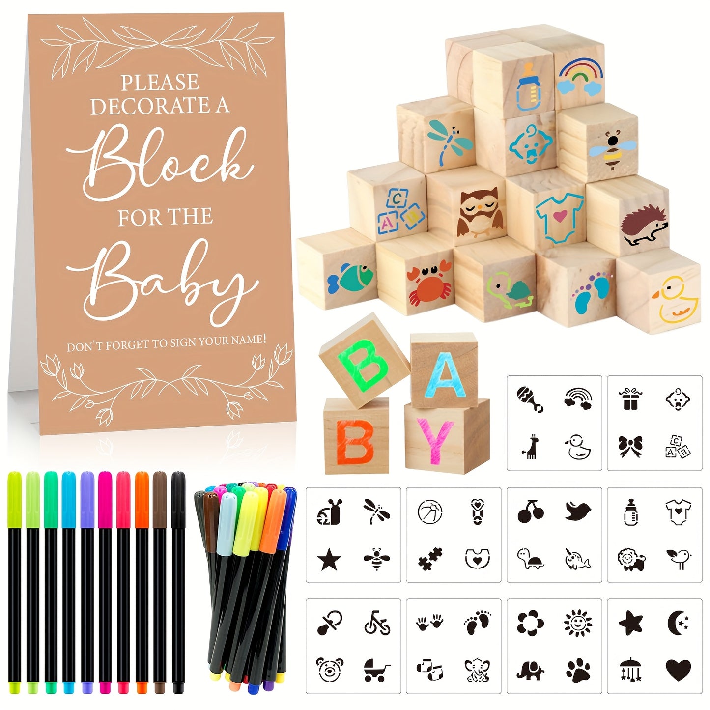 Wooden Block Stacking Game Party Kit 51pcs 30pcs – Baby Shower Tumbling Tower Decoration Sign Set Classic Flower Greenery Fox Bear Style No Electricity