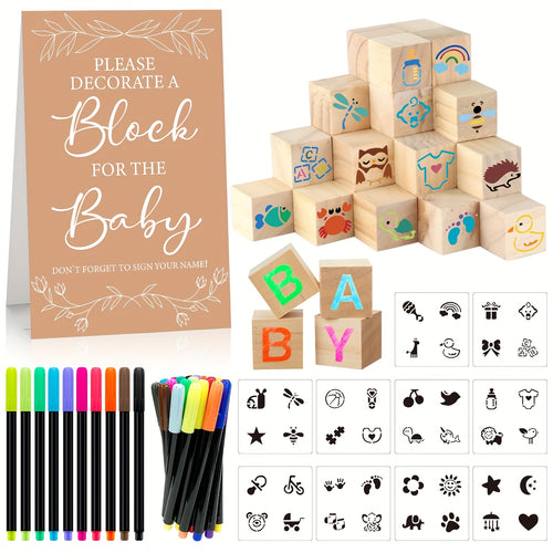 Wooden Block Stacking Game Party Kit 51pcs 30pcs – Baby Shower Tumbling Tower Decoration Sign Set Classic Flower Greenery Fox Bear Style No Electricity