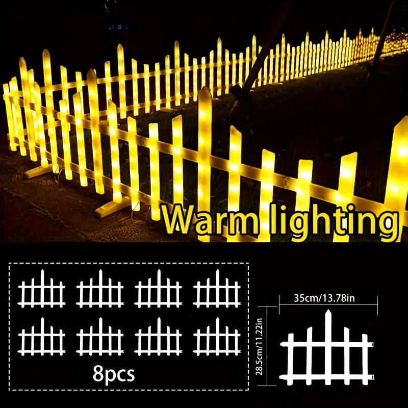 8 PACK Solar Garden Fence Lights Outdoor, Garden Fence, Waterproof LED Lighted White Picket Fence Border Solar Powered with Remote, Decorative Fence Christmas Lights for Tree Yard Pet Barrier, Fence Solar Lights, Solar Fence Lights Outdoor Waterproof, Sol