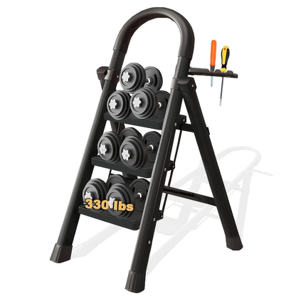 Step Ladder, Folding 2/3/4/5 Step Stool with Wide Anti-Slip Pedal, Sturdy Steel Ladder, Convenient Handrail & Small Storage Slot, Rust-Resistant Material, Lightweight, Portable Step Stool, Suitable for Home, Kitchen, Office Use, Free Gloves&Foot Pad