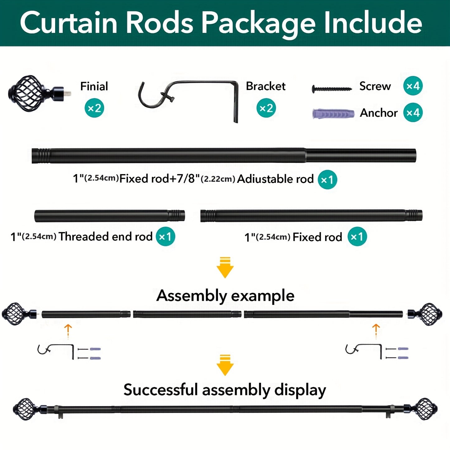 Curtain Rods for Windows, Modern Decorative Brass Drapery Rods, Heavy Duty Curtain Rods, Black Curtain Rods for Bedroom, Living Room, Patio, Kitchen, Farmhouse, Adjustable Easy Install Curtain Rods