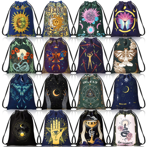 16pcs Velvet Tarot Card Storage Bags with Unique Mystical Designs - 7.1 x 5.9 Inches, Drawstring Closure for Cards, Dice & Jewelry, Perfect Gift for Enthusiasts Halloween Christmas, Jewelry Pouch, Decorative Pouch, Durable Pouch, Handcrafted Feel