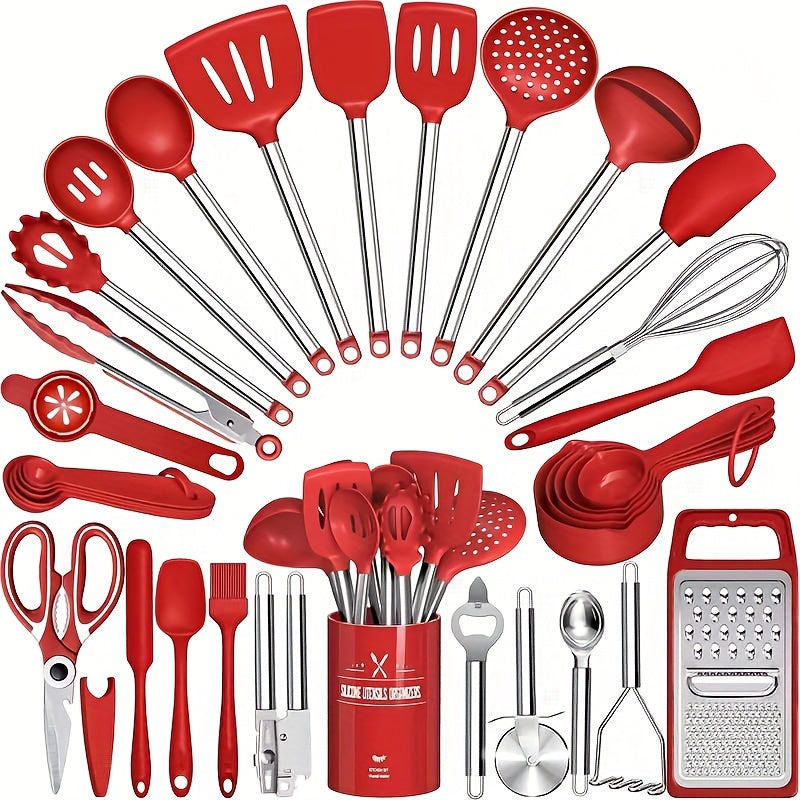 Kitchen Utensils Set-34pcs Silicone Cooking Utensils Set for Nonstick Cookware-Silicone Spatulas Set, Stainless Steel Handle-Black Kitchen Gadgets Tools, Pots And Pans Accessories, SKROAM father gift
