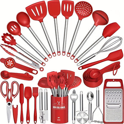 Kitchen Utensils Set-34pcs Silicone Cooking Utensils Set for Nonstick Cookware-Silicone Spatulas Set, Stainless Steel Handle-Black Kitchen Gadgets Tools, Pots And Pans Accessories, SKROAM father gift