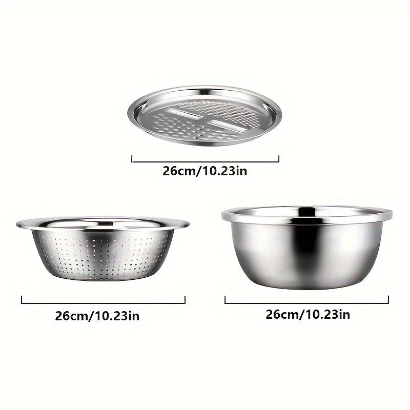 3pcs Stainless Steel Kitchen Set with Integrated Grinder, Multifunctional Filter And Mixing Bowl for Cleaning And Slicing Fruits, Vegetables, Cheese - Food Safety Preparation Bowl with Drainage System Father's Day Gifts