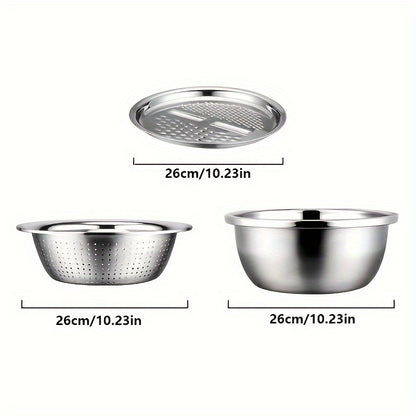 3pcs Stainless Steel Kitchen Set with Integrated Grinder, Multifunctional Filter And Mixing Bowl for Cleaning And Slicing Fruits, Vegetables, Cheese - Food Safety Preparation Bowl with Drainage System Father's Day Gifts