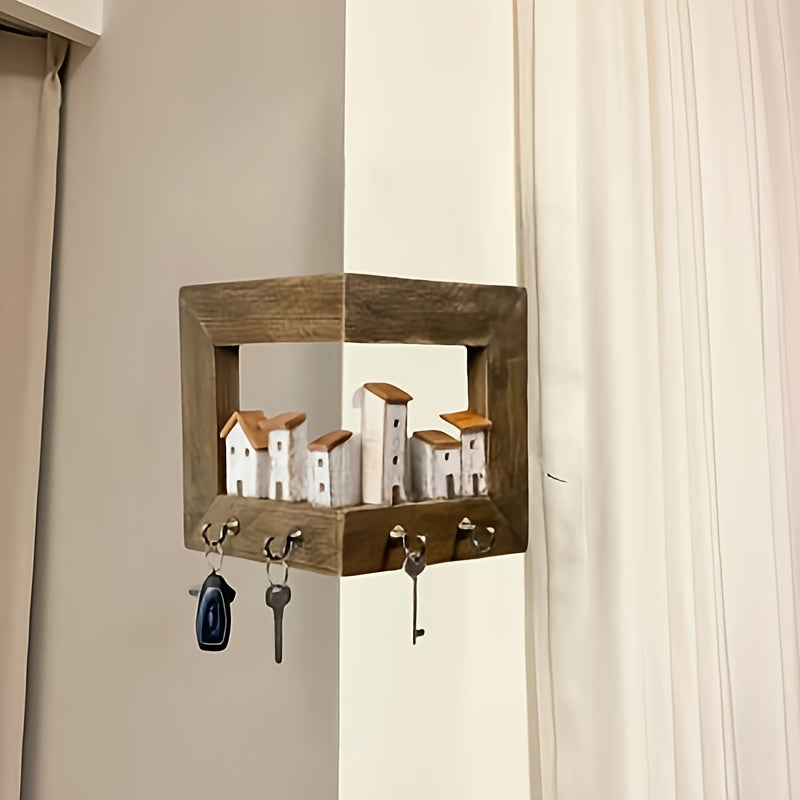 Rustic Style Wall-mounted Key Rack, Featuring 6 Rustic-style Houses, A Wall-mounted Key Holder with Hooks, Wooden Entrance Storage Rack Suitable for Bedroom, Home Wall Display, Art Wall Storage, Art And Craft Wall Display Rack,, Christmas Gift.