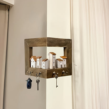 Rustic Style Wall-mounted Key Rack, Featuring 6 Rustic-style Houses, A Wall-mounted Key Holder with Hooks, Wooden Entrance Storage Rack Suitable for Bedroom, Home Wall Display, Art Wall Storage, Art And Craft Wall Display Rack,, Christmas Gift.