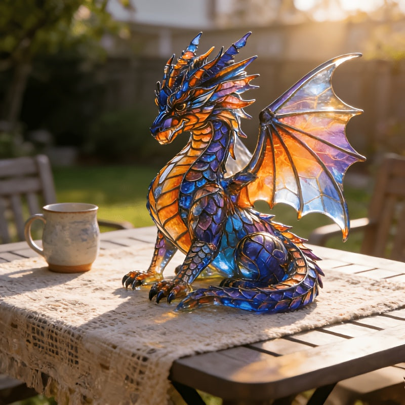 Decorative Dragon Sculpture with Light, Faux Stained Glass Resin Statue, Bohemian Accent Lamp for Home Decor