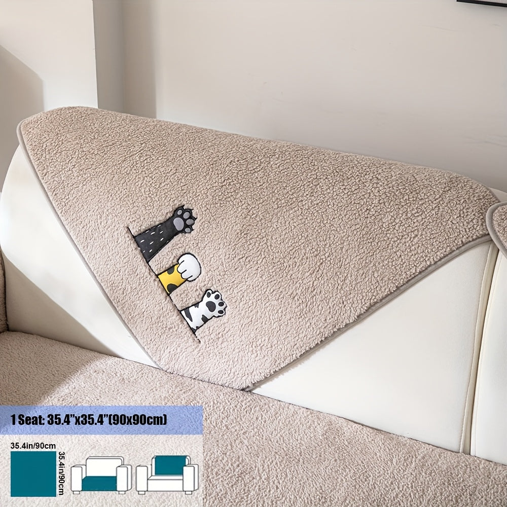 1pc Thickened Sherpa Sofa Couch Cover with Embroidered Cute Cat Paw , Thick Plush Seat Cushion Protector, Fuzzy Non Slip Sofa Slipcover, Pet-Friendly And Machine Washable Furniture Protector, Home Decor