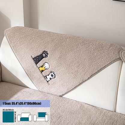1pc Thickened Sherpa Sofa Couch Cover with Embroidered Cute Cat Paw , Thick Plush Seat Cushion Protector, Fuzzy Non Slip Sofa Slipcover, Pet-Friendly And Machine Washable Furniture Protector, Home Decor