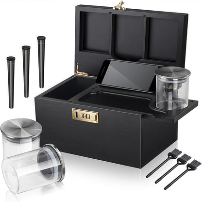 Large Bamboo Storage Box with Combination Lock - Premium Smell-Proof Design & Detachable Compartments | Includes 3 Glass Jars, Brushes & Tubes | Wooden Box Kit with Sliding-Tray- Elegant Gift Set for Essentials Organization (Black&Original)