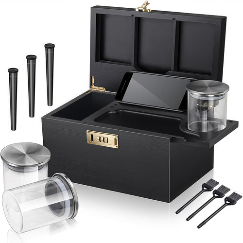 Large Bamboo Storage Box with Combination Lock - Premium Smell-Proof Design & Detachable Compartments | Includes 3 Glass Jars, Brushes & Tubes | Wooden Box Kit with Sliding-Tray- Elegant Gift Set for Essentials Organization (Black&Original)