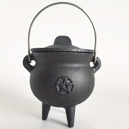 Cast Iron Cauldron with Lid & Handle – Witchcraft Incense Burner, Spell Ritual Pot, Halloween Decor, Pentagram & Triple Moon Styles, Pagan Altar Cauldron