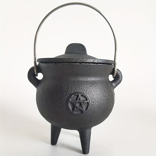 Cast Iron Cauldron with Lid & Handle – Witchcraft Incense Burner, Spell Ritual Pot, Halloween Decor, Pentagram & Triple Moon Styles, Pagan Altar Cauldron