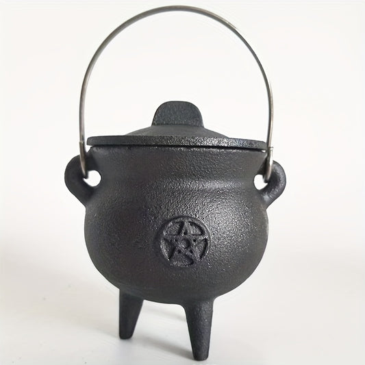 Cast Iron Cauldron with Lid & Handle – Witchcraft Incense Burner, Spell Ritual Pot, Halloween Decor, Pentagram & Triple Moon Styles, Pagan Altar Cauldron
