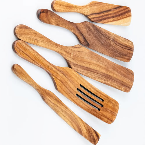 Premium Teak Wooden Kitchen Utensils: 5pcs Of Slotted Spurtles, Spatulas, And Spoons for Nonstick Cookware - Heat Resistant, Non-Stick