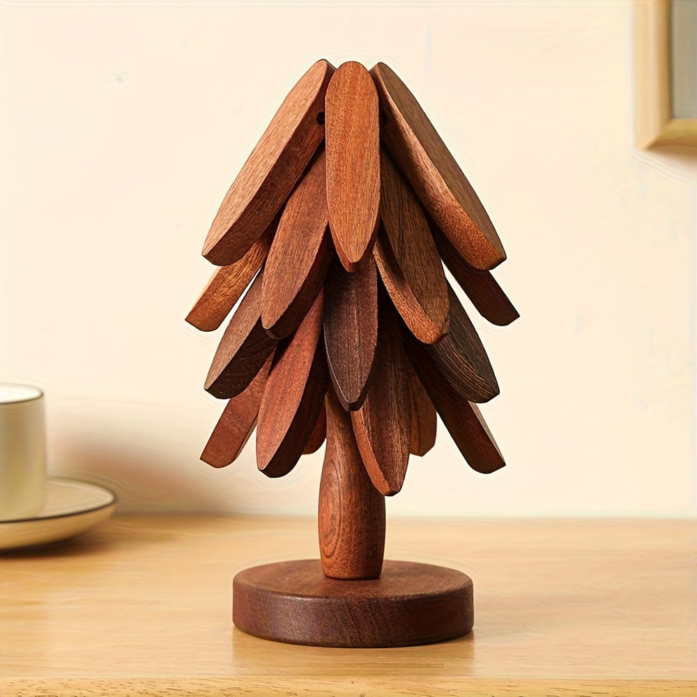 Solid Wood Heat Insulation Mat Set, Heat-Resistant Table Mats, Tree-Shaped Design, High-Quality Exquisite Coasters for Home Use, Heat-Resistant Tableware Mats, Natural Foldable Wooden Kitchen Tripod, Suitable for Hot Dishes, Pots, Bowls, And Teapots