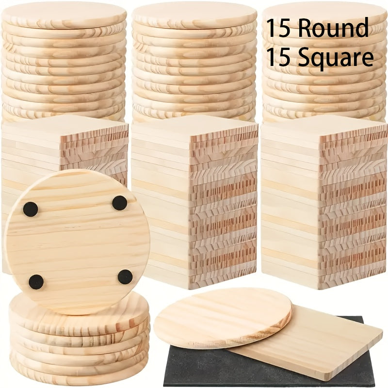60/30pcs Unfinished Wood Coaster for Crafts, 30/15Square 30/15Round Wooden Coasters for Drinks Coffee Table with Non-Slip Pad Engraving Cup Coasters for Stained Painting Coffee Home Kitchen, 4 Inch