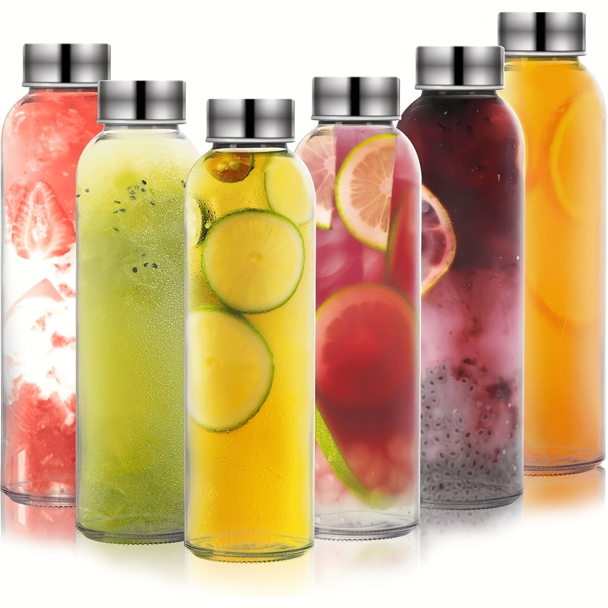 6pcs Glass Water Bottles with Stainless Steel Lids, 18Oz Clear Water Bottles with Lids, Glass Juice Bottles, Reusable Clear Water Bottles, with Stainless Steel Sealing Lids, Suitable for Refrigerator, And Bpa-Free, Leakproof