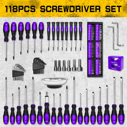 Magnetic Screwdriver Set 118pcs with Plastic Rack & Magnetic Tool Bowl, Chrome Vanadium Steel Multi-Size Precision Screwdriver Kit, Non-Slip Rubber Handle Tool Set for Electronics, DIY & Home Repair (Purple)