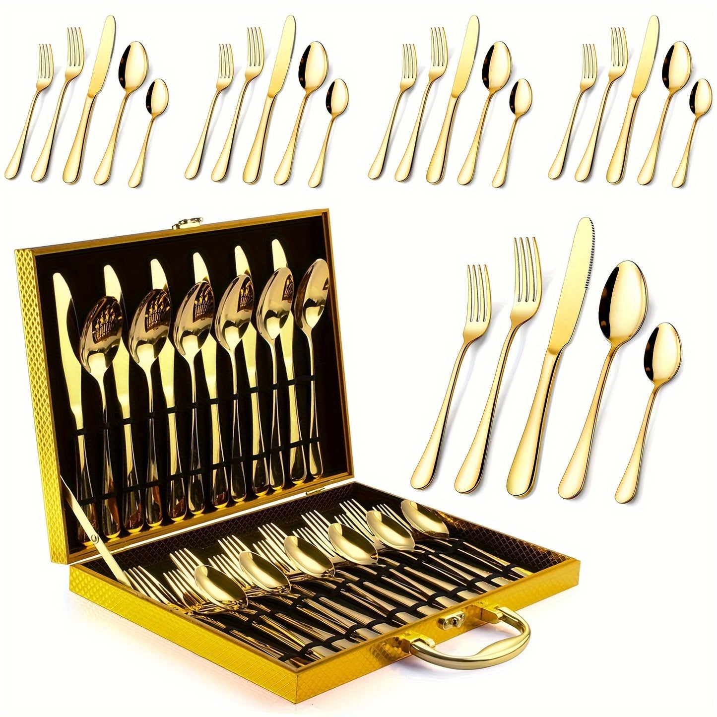 30pcs Golden Stainless Steel Silverware with Gift Box Set, 6 People Golden Knives, Forks And Spoons Flatware Set, Mirror Polishing, Exquisite Wooden Box Packaging, Ideal for Business Gifts, Weddings, Celebrations, Banquets