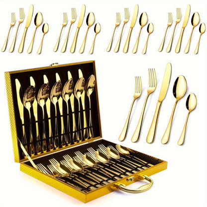 30pcs Golden Stainless Steel Silverware with Gift Box Set, 6 People Golden Knives, Forks And Spoons Flatware Set, Mirror Polishing, Exquisite Wooden Box Packaging, Ideal for Business Gifts, Weddings, Celebrations, Banquets