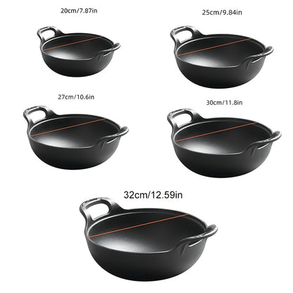 5 Sizes Cast Iron Wok, 7.87/ 9.84/ 10.62/ 11.81/ 12.59in Heavy-Duty Cast Iron Skillet, Traditional Uncoated Deep Stir-Fry Pan, Multi-functional Kitchen Cookware, Durable Cooking Pot with Dual Handles, Grilling Steaks & Baking, Ideal for Home, Outdoor