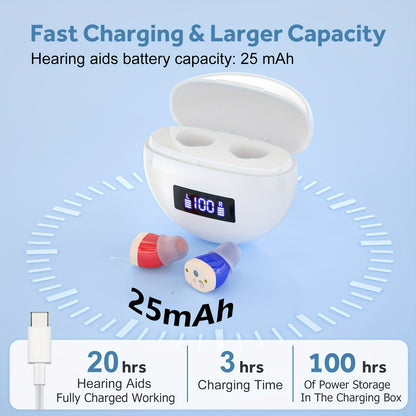1 Pair Rechargeable Hearing Aids for Seniors, In Ear Hearing Aids for Adults with Noise Cancelling, Digital Hearing Amplifier for Hearing Loss, 25mAh Invisible Hearing Devices Assist with Charging Case
