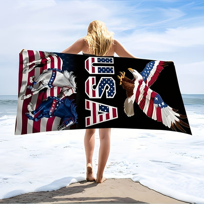 This Beach Towel Features a Patriotic Design with The United States Flag And a Cool Eagle. It'S Made from a Super Absorbent And Lightweight Polyester Blend, Ensuring Quick Drying. Soft And Comfortable, It'S Perfect for Beach Activities, Swimming