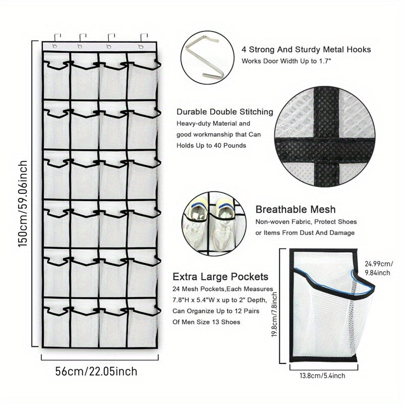 Over the Door Shoe Organizer with 24 Large Breathable Mesh Pockets - Foldable Space-Saving Hanging Storage Rack, Durable Fabric Closet Hanger for Shoes, Accessories, Closet & Door Organization