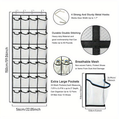 Over the Door Shoe Organizer with 24 Large Breathable Mesh Pockets - Foldable Space-Saving Hanging Storage Rack, Durable Fabric Closet Hanger for Shoes, Accessories, Closet & Door Organization