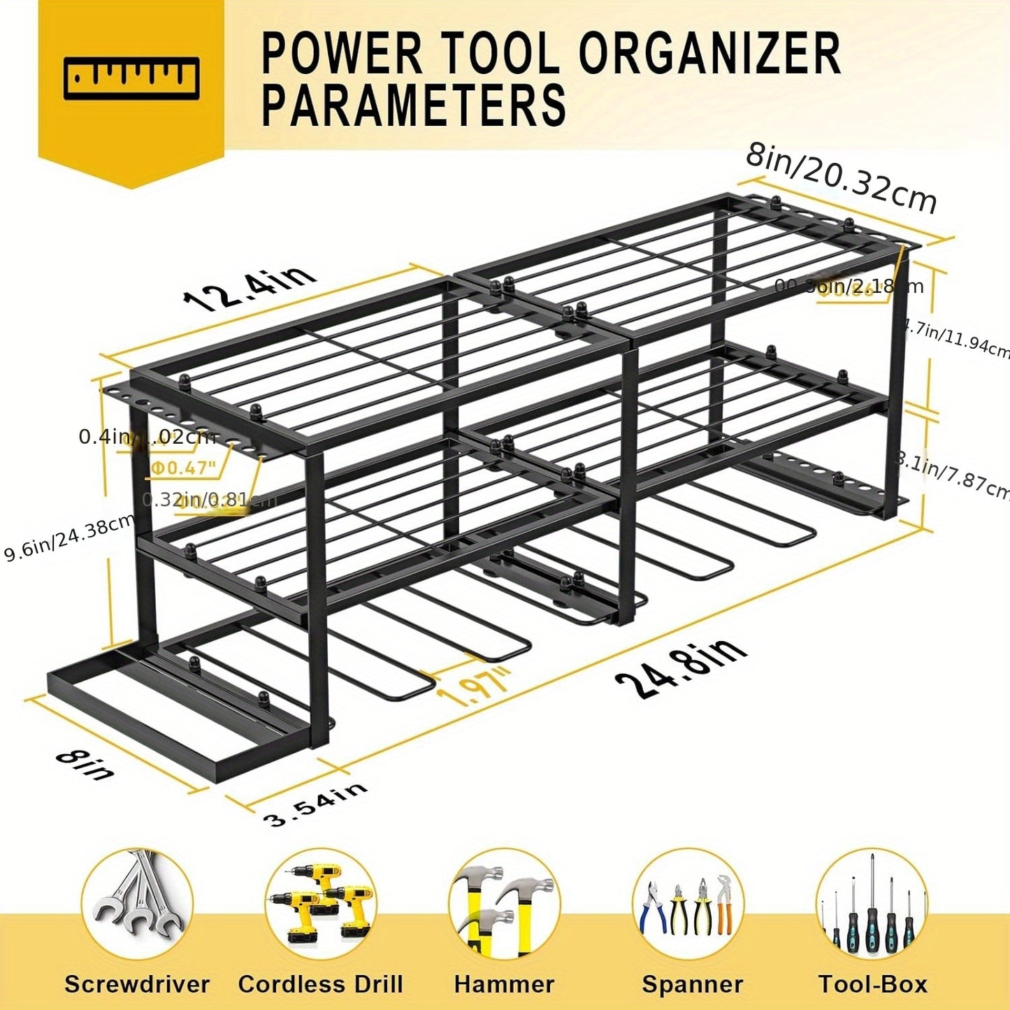 Power Drill Holder Wall Mount – Heavy Duty Tool Storage Rack with 3/4 Layer Floating Shelf | Cordless Drill Organizer | 4/6/8 Drill Holders Workshop Tool Rack for Garage & Workshop Organization