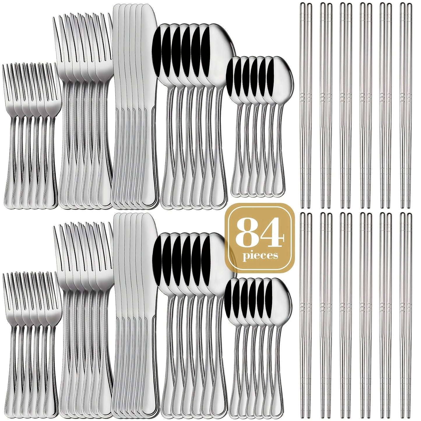 60/65/84pcs Golden Cutlery Set, Service for 12, for Family Gatherings, Camping And BBQ, Knife Fork Spoon Set, Kitchen Decor And Additions, Kitchen Storage & Organization, Kitchen Utensils