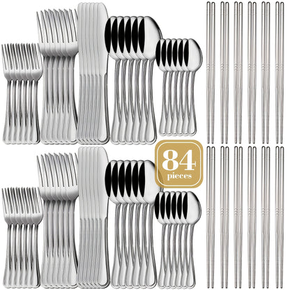 60/65/84pcs Golden Cutlery Set, Service for 12, for Family Gatherings, Camping And BBQ, Knife Fork Spoon Set, Kitchen Decor And Additions, Kitchen Storage & Organization, Kitchen Utensils