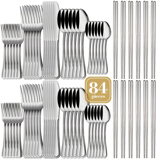 60/65/84pcs Golden Cutlery Set, Service for 12, for Family Gatherings, Camping And BBQ, Knife Fork Spoon Set, Kitchen Decor And Additions, Kitchen Storage & Organization, Kitchen Utensils