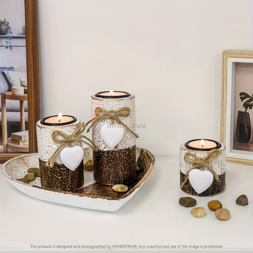 4pcs Wooden Love Candle Holder Set | Complete Wooden Love Candle Holder with Tea Candle Holder, Cute Knot Bow Decoration, Decorative Stone, Love Tray Decorative Bowl | Perfect for Home Decor, Christmas, Valentine'S Day, and Easter Gifts