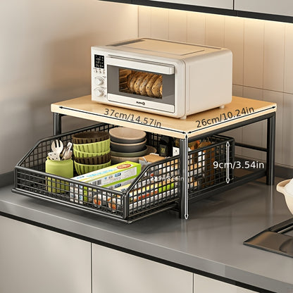 PMMJ 2-Tier Kitchen Organizer, 2-Tier Space-Saving Kitchen Countertop Organizer With Drawer And Wire Basket, Sturdy Hardwood And Metal Storage Shelf For Coffee Maker, Utensils, Spices, Durable Home Organization, Microwave Shelf, Utility Racks