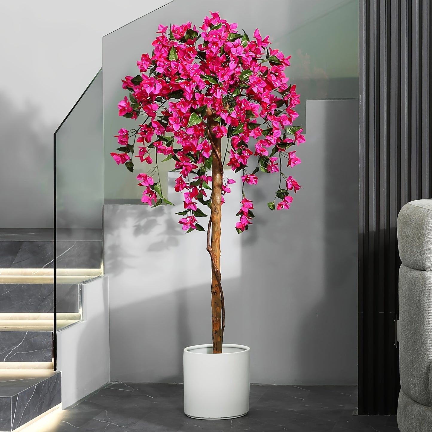 Artificial Bougainvillea Flowers Tree, Faux Potted Plants with Wood Trunk And Pink Flowers for Housewarming Decor Gift