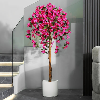 Artificial Bougainvillea Flowers Tree, Faux Potted Plants with Wood Trunk And Pink Flowers for Housewarming Decor Gift