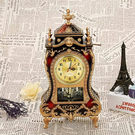 Vintage Desktop Alarm Clock with 12 Melodies European Style Decorative Table Clock for Living Room Bedroom Study Office Retro Burgundy Tabletop Clock 14 Inch