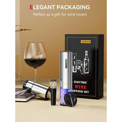 Tomeem Rechargeable Electric Wine Gift Set - Aerator, Vacuum Stoppers, Foil Cutter and Bottle Opener for Home Bar and Outdoor Parties, Stainless Steel