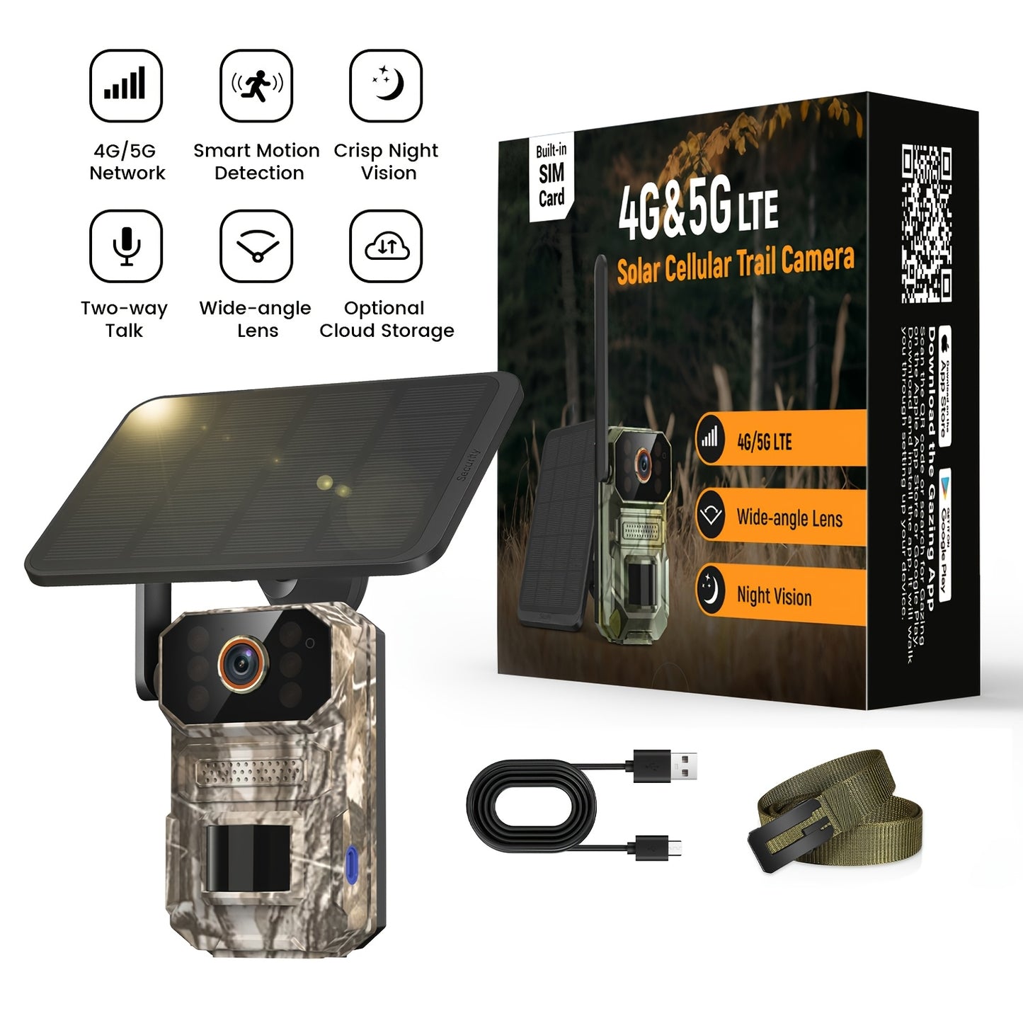 4G LTE Cellular Trail Camera with Solar Panel – 4K Wildlife Monitoring Camera, PIR Motion Sensor, Infrared Night Vision, Two-Way Voice, Remote Access, No WiFi Required, for Hunting & Security (Camo/Brown)
