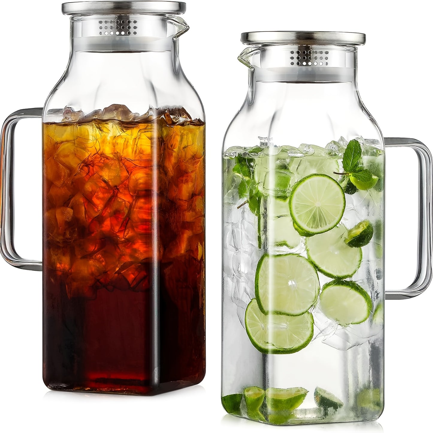 2/4 Pack 2 Liters/68 Oz Square Glass Pitcher With Lid And Handle For Fridge, Iced Tea And Coffee Carafe Beverage Serveware, Heat Resistant Borosilicate Water Jug For Hot/Cold Drinks And Milk