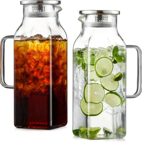 2/4 Pack 2 Liters/68 Oz Square Glass Pitcher With Lid And Handle For Fridge, Iced Tea And Coffee Carafe Beverage Serveware, Heat Resistant Borosilicate Water Jug For Hot/Cold Drinks And Milk
